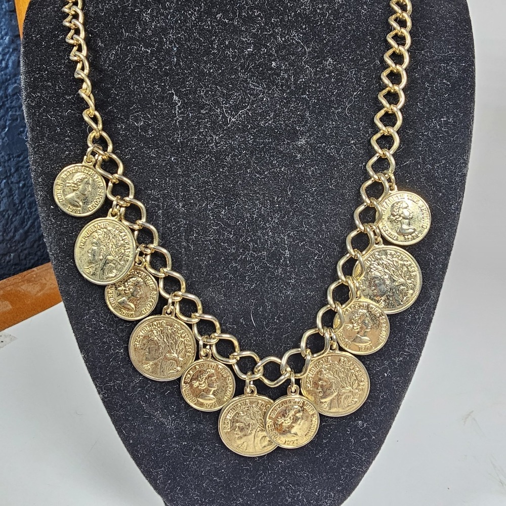 Vtg Republique Francaise Gold Tone Coin Charm Necklace 16" Spring Ring Closure